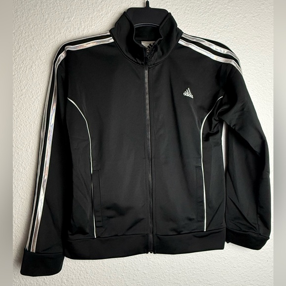 Adidas Girls Black Holographic Shimmer Stripes Jacket Size 14 - Picture 1 of 6